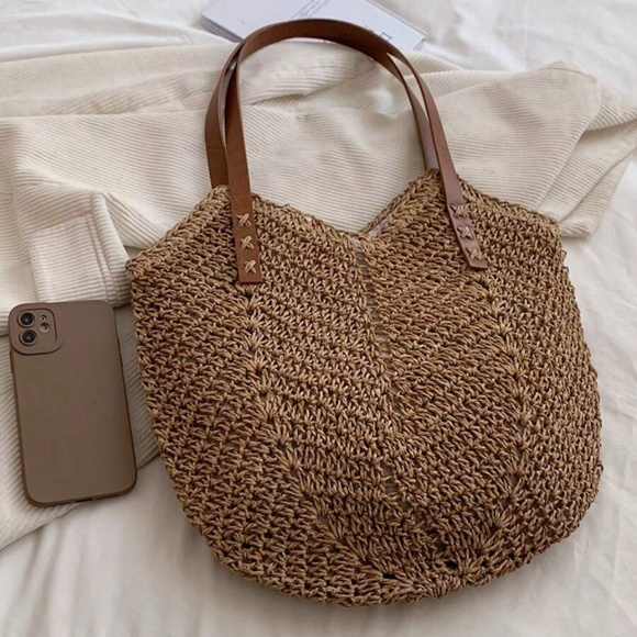 Boho Vegan Leather Strap Minimalist Straw Tote Bag - Picture 6 of 14